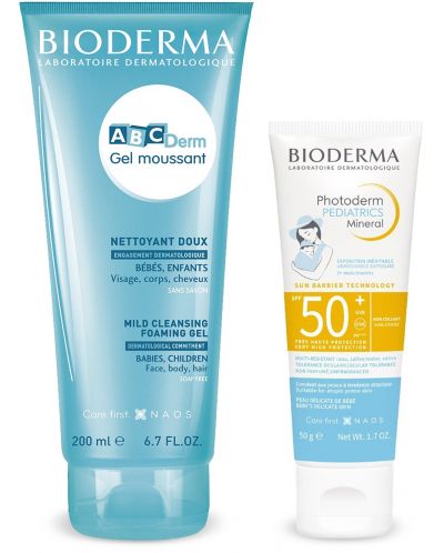 Bioderma ABC Derm & Photoderm Комплект - Почистващ гел и Минерален крем, SPF50+, 200 ml + 50 g - 1