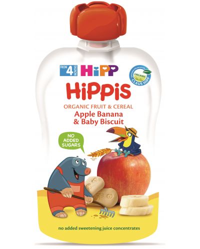 Био плодова закуска Hipp Hippis - Ябълка, банан и бисквитки, 100 g - 1