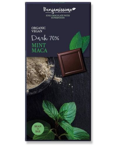 Био натурален шоколад с мента и мака, 70% какао, 70 g, Benjamissimo - 1