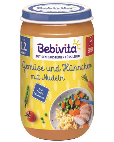 Био ястие Bebivita - Зеленчуци, спагети и пилешко, 250 g - 1