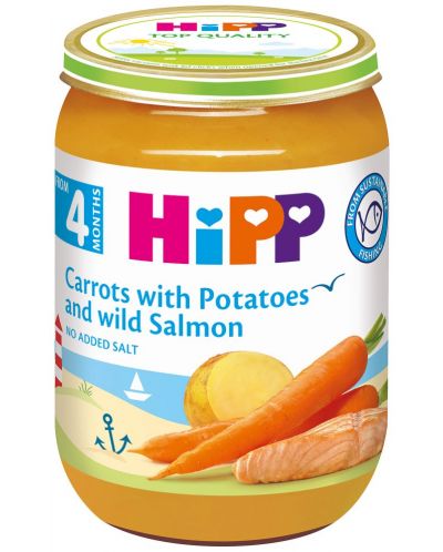 Био ястие Hipp - Морков, картоф и дива сьомга, 190 g - 1