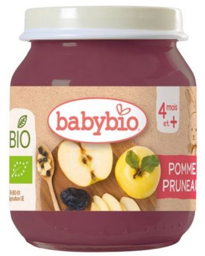 Био плодово пюре Babybio - Ябълки и сини сливи, 130 g - 1