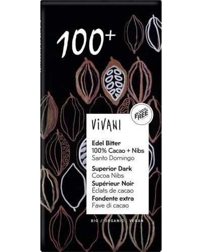Био натурален шоколад с какаови зърна, 100% какао, 80 g, Vivani - 1