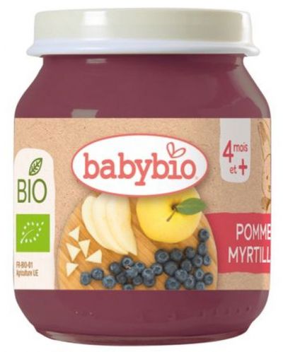 Био плодово пюре Babybio - Ябълка и синя боровинка, 130 g - 1