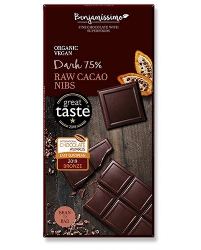 Био натурален шоколад със сурови какаови зърна, 75% какао, 70 g, Benjamissimo - 1
