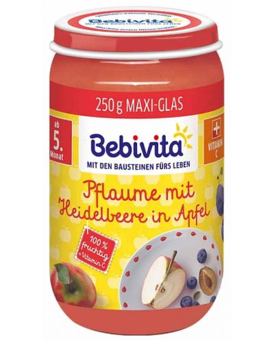 Био пюре от ябълки, сини сливи и боровинки Bebivita - 250 g - 1