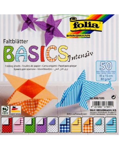 Блокче с цветни хартии за оригами Folia - Basic Intensive, 50 листа - 1
