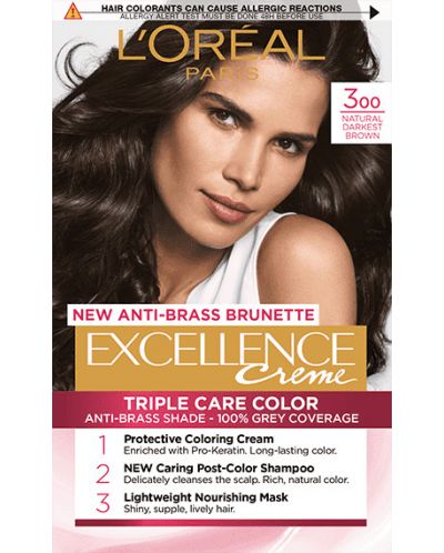 L'Oréal Еxcellence Боя за коса, 300 Natural Darkest Brown - 1