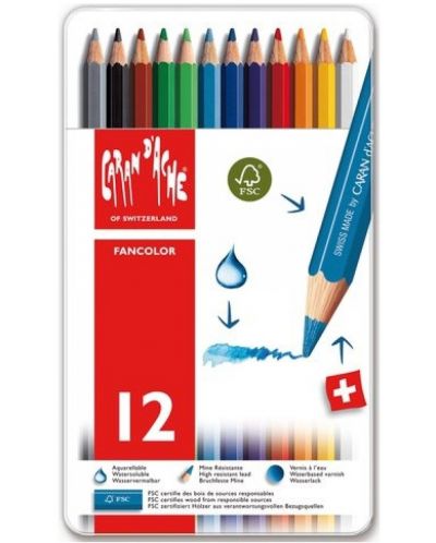 Цветни акварелни моливи Caran d'Ache Fancolor – 12 цвята - 1
