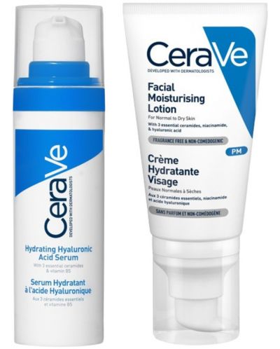 CeraVe Комплект - Хидратиращ серум с хиалуронова киселина и Крем за лице, 30 + 52 ml - 1