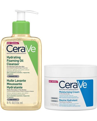 CeraVe Комплект - Измиващо олио и Крем за лице и тяло, 236 ml + 340 g - 1