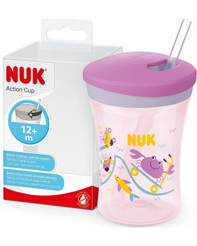 Чаша със сламка Nuk Evolution - Action Cup, 230 ml, розова - 1