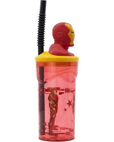 Чаша със сламка и 3D фигура Stor Avengers - Invisible Force, Iron Man, 360 ml - 2