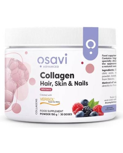 Collagen Peptides Hair, Skin & Nails, диви плодове, 150 g, Osavi - 1