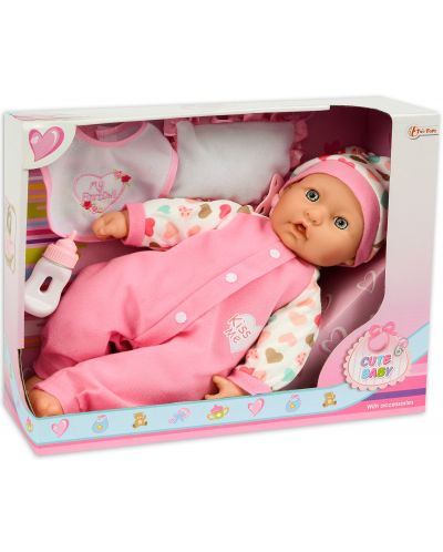 Детска играчка - Cute Baby, с шише и биберон, с блузка на сърца - 1