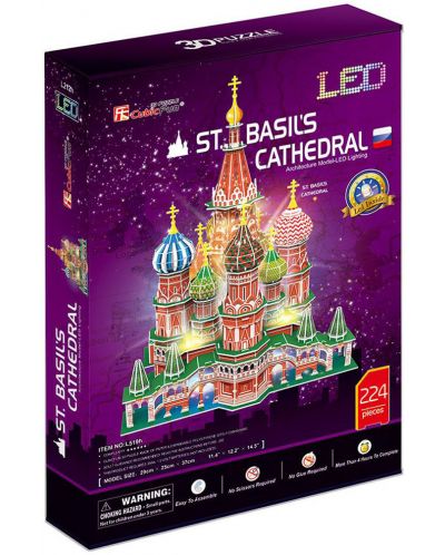 3D Пъзел Cubic Fun от 224 части и LED светлини - St. Basil's Cathedral Russia - 3
