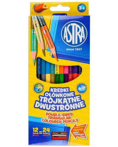 Двустранни триъгълни моливи Astra - 12 броя, 24 цвята, с острилка - 1