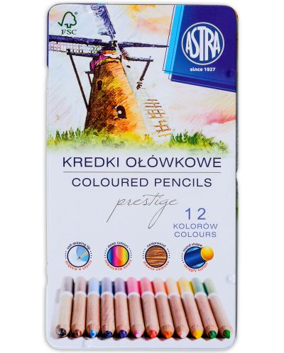 Моливи от кедрово дърво Astra Престиж - 12 цвята, в метална кутия - 1