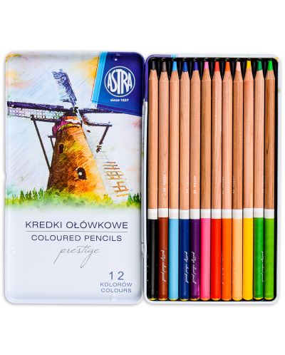 Моливи от кедрово дърво Astra Престиж - 12 цвята, в метална кутия - 2