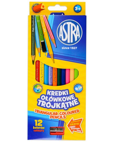Триъгълни моливи Astra - 12 цвята, с острилка - 1