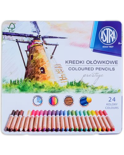 Моливи от кедрово дърво Astra Престиж - 24 цвята, в метална кутия - 1