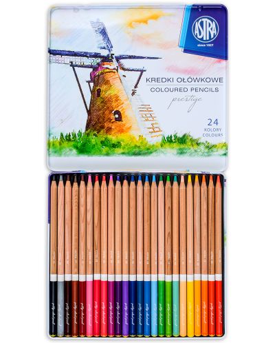 Моливи от кедрово дърво Astra Престиж - 24 цвята, в метална кутия - 2