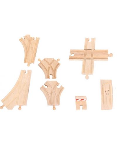 Дървен комплект Bigjigs - Прави и разклоняващи се релси, 25 части - 1