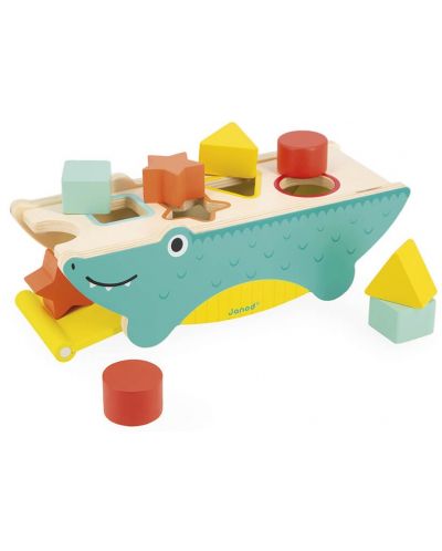 Дървена играчка за сортиране Janod - Крокодил, с 8 формички - 6
