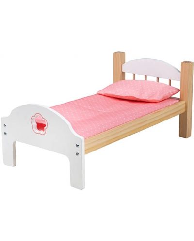 Дървено легло за кукли Bigjigs - С розов комплект спално бельо - 1