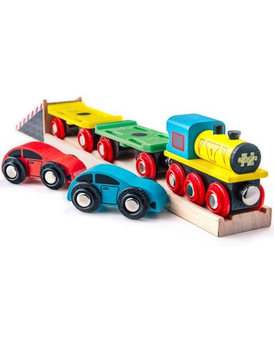 Дървена играчка Bigjigs - Влакче автовоз,  с колички - 2