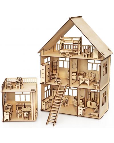 Дървен сглобяем комплект Woodpy - Къща за кукли с мебели, 296 части - 1
