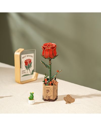 Дървен 3D пъзел Robo Time от 106 части - Червена роза - 2