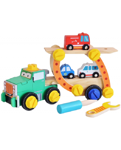 Дървен конструктор Acool Toy - Камион с пожарна, линейка и полицейска кола, 49 части - 1