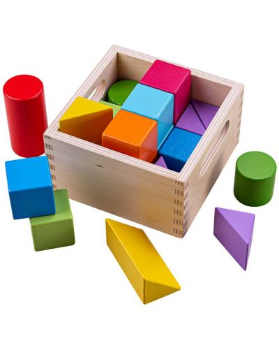 Дървени блокчета Bigjigs - Цветни геометрични фигури, в кутия - 1