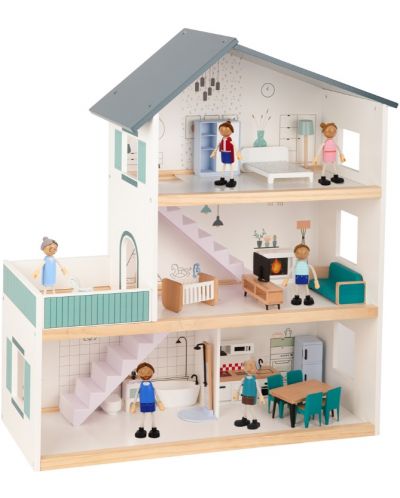 Дървена къща с подвижни мебели и кукли Tooky Toy  - 1