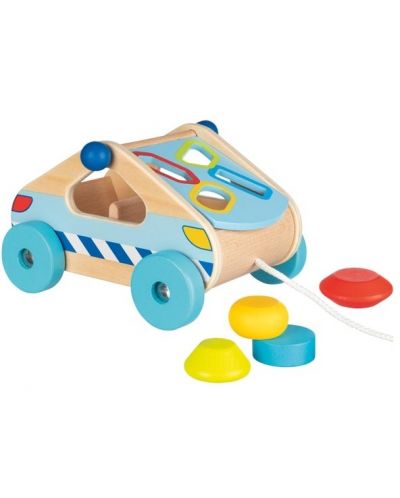 Дървена играчка Goki - Кутия за сортиране, Кола за дърпане - 1