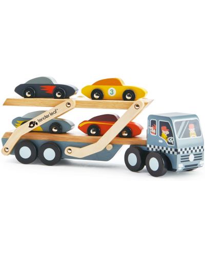 Дървен игрален комплект Tender Leaf Toys - Автовоз с 4 колички - 1