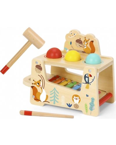 Дървена играчка Tooky Toy - Ксилофон с топки и чукче, Горски свят - 1