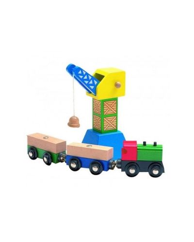 Дървена играчка Woody - Кран с товарен влак - 1