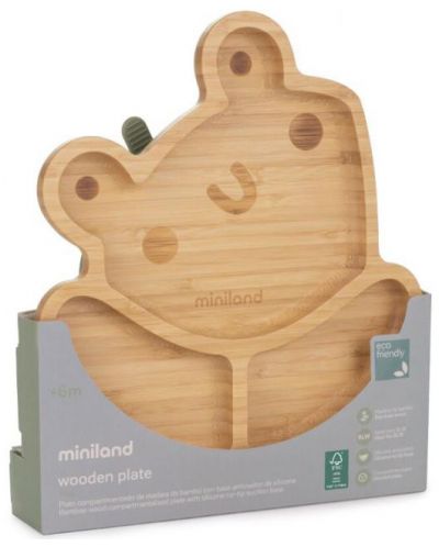 Дървена чиния с вакуум Miniland - Eco Friendly, Жабка - 1