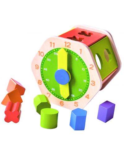 Дървена играчка Acool Toy - Шестоъгълен сортер с часовник - 1