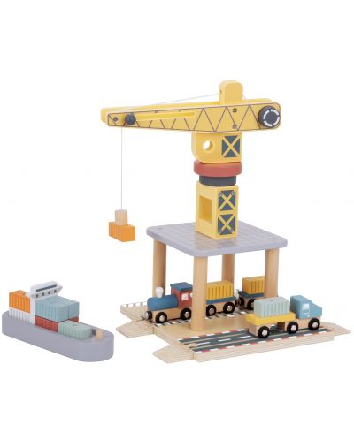Дървен комплект Tooky Toy - Пристанищен кран с аксесоари - 1