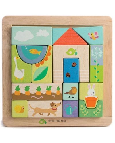 Дървена игра-пъзел Tender Leaf Toys - С градински мотив, 16 части - 2