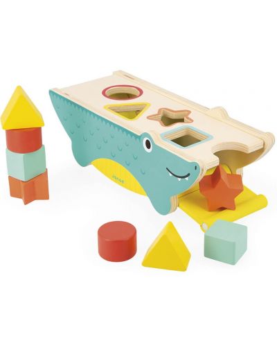 Дървена играчка за сортиране Janod - Крокодил, с 8 формички - 5