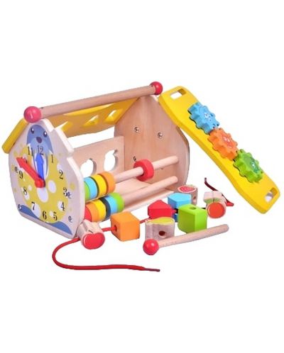  Дървена къщичка Acool Toy - С ксилофон, сортер, зъбни колела, часовник, сметало  - 1