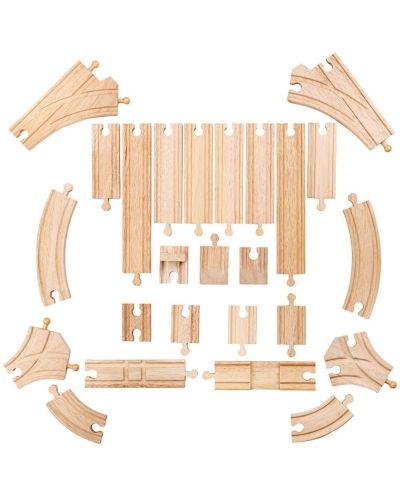 Дървен комплект Bigjigs - Прави и разклоняващи се релси, 25 части - 2