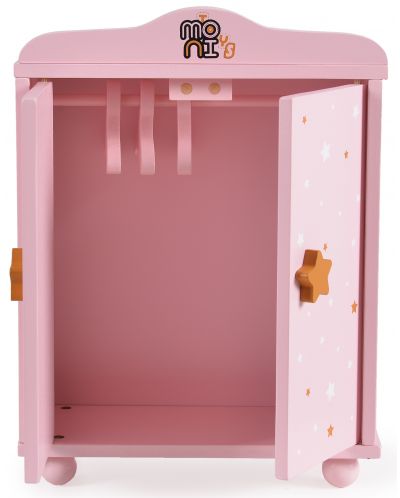 Дървен гардероб за кукли Moni Toys - С 3 закачалки, розов - 2
