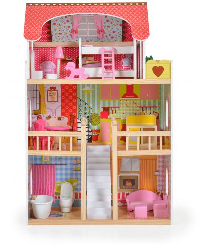 Дървена къща за кукли Moni Toys - Emily, със 17 аксесоара - 2