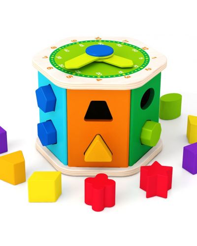 Дървена играчка Acool Toy - Шестоъгълен сортер с часовник - 5