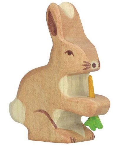 Дървена фигурка Holztiger - Заек с морков - 1